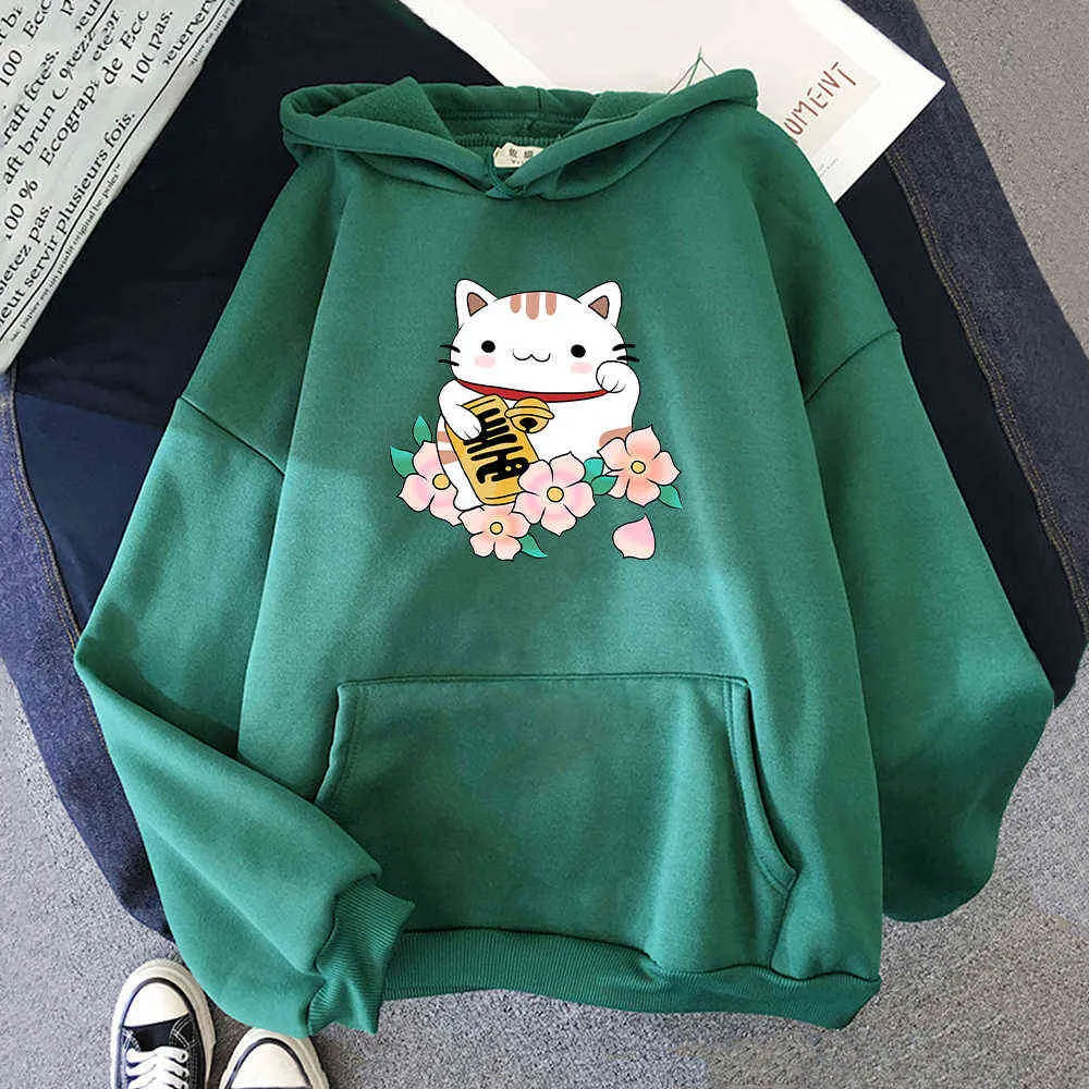 Anime Sweats à capuche Fortune Cat Impression Sweat-shirt Femmes Streetwear Graphique Esthétique Kawaii Vêtements Surdimensionné Dessin Animé Pulls Tops Y0820