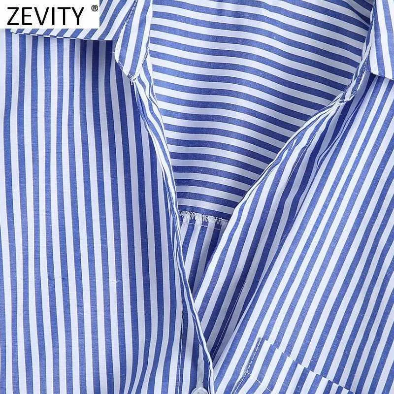 Zevity Mujeres Vintage Turn Down Collar Estampado de rayas Blusa corta Blusa Office Lady Camisas de manga larga Chic Loose Tops LS9005 210603