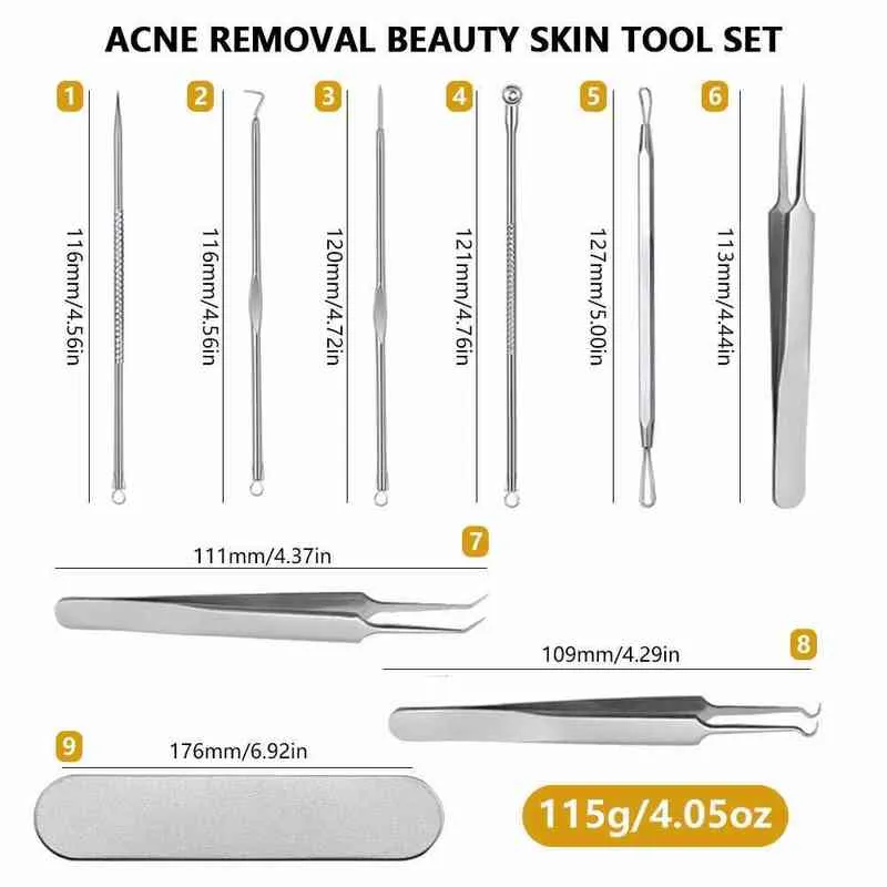 Ansiktsvårdsanordningar SteameStrainless Steel ansiktsbörselborttagare Nålar Extractor Pimple Blemish Comedone Removal Kit Double Head Tool 2202255196874