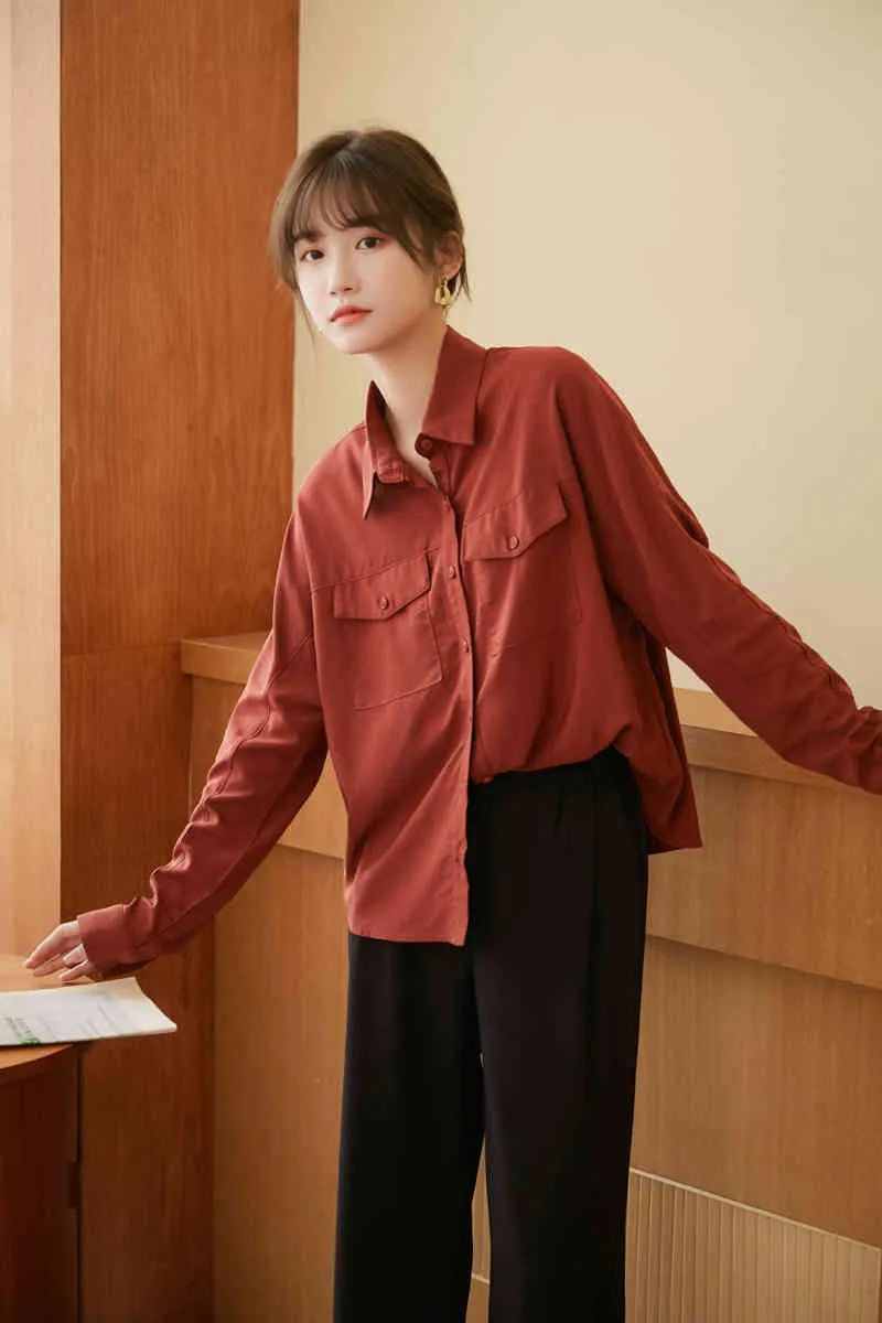 Camicia a maniche lunghe autunnale rosso mattone da donna Top e camicetta autunno colletto con bottoni ampio casual stile coreano 210427