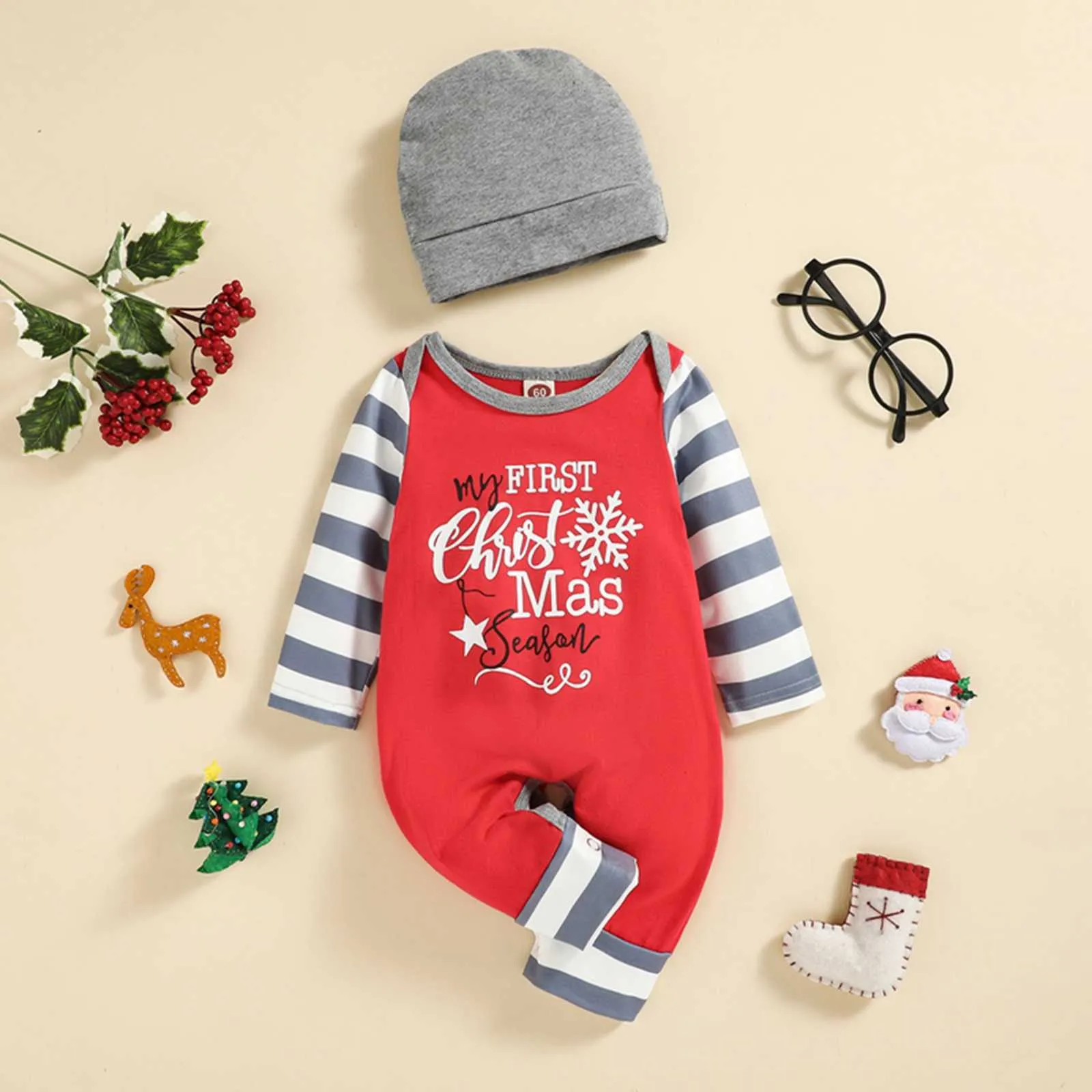 Conjuntos de ropa de Navidad para bebés recién nacidos, niñas y niños, mono de manga larga con broches a presión, gorro, atuendo de 0 a 18m G1023