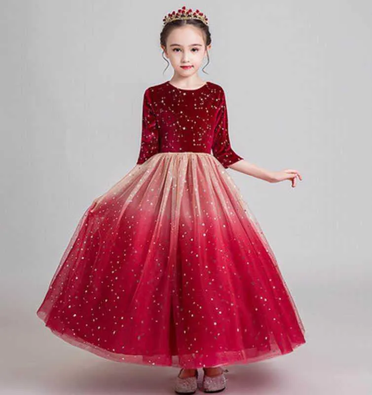 Starry Sky Flower Girl Dress Ball Gown Sequins Star Performance Evening Barnkläder 3-13Y HBT001 210610