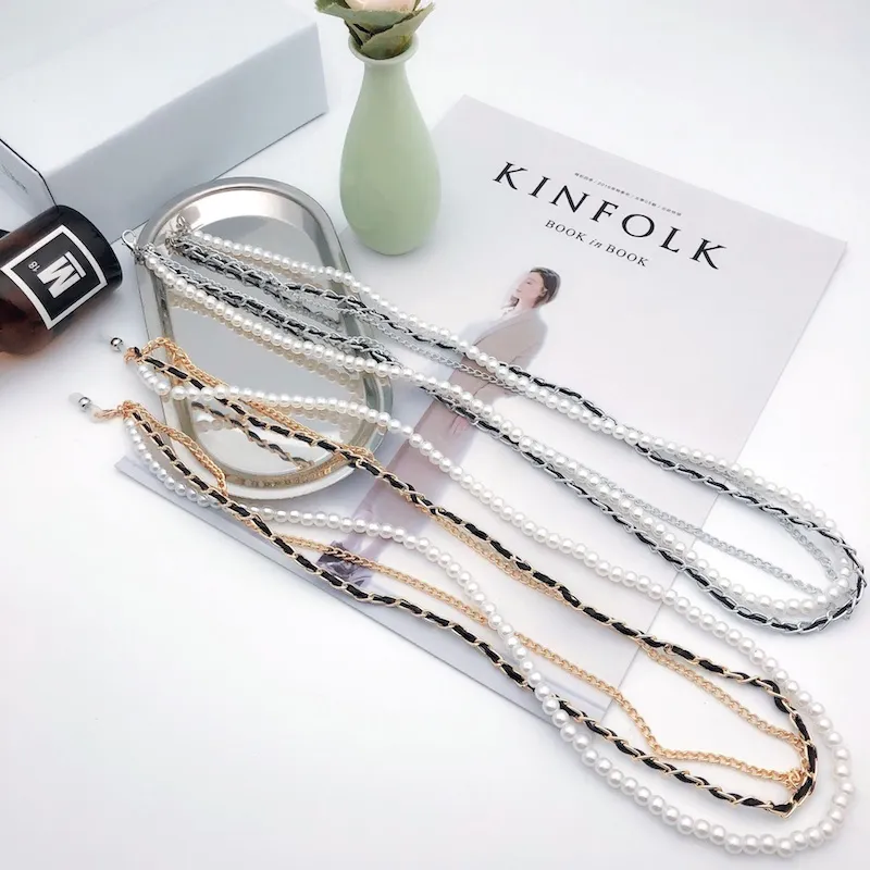 Luxurious Eyeglasses Chains Three Lines Artificial Pears White Sunglasses Chain Gold And Silver With Lobster Clasp Retail186j