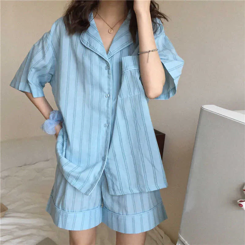 Pyjamas pour femmes été coréen doux vêtements de nuit filles rayé revers maison vêtements kawaii plus taille lâche pijama dames pyjama ensemble 210809