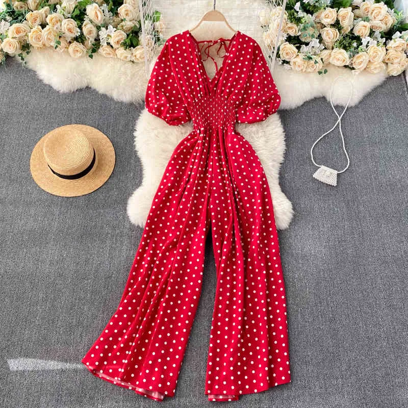 Overall Frauen Casual Elegante Polka Dot Puff Hülse Hohe Taille Chiffon Breite Bein Overall Weibliche Strampler Bodys 210519