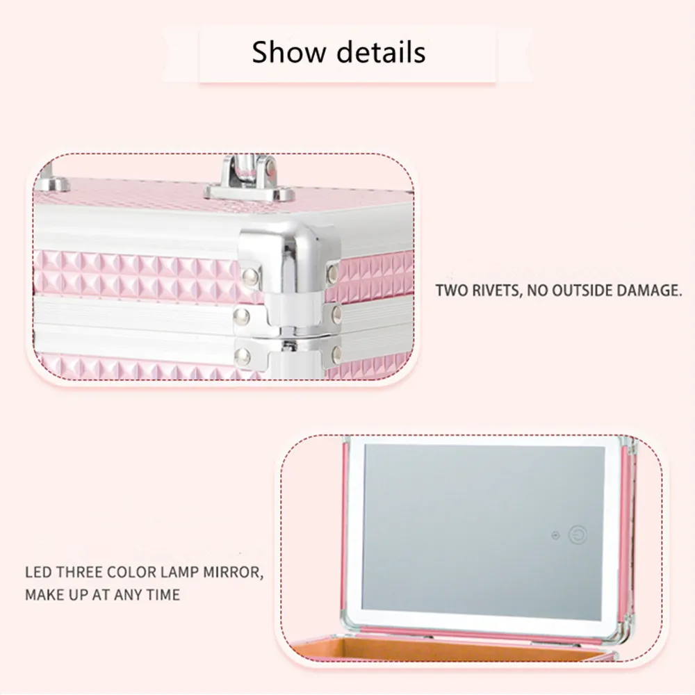 Large capacity portable LED light mirror cosmetic case Female travel artist makeup bag nail tattoo box woman suitcase handbag Aluminum frame lock