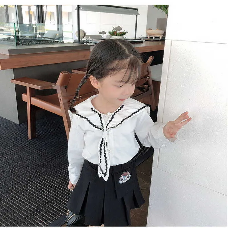 Spring Korean Style Baby Girl 2-PCs Sets Peter Pan Collar Långärmade T-shirts + Kjolar Barnkläder E3057 210610