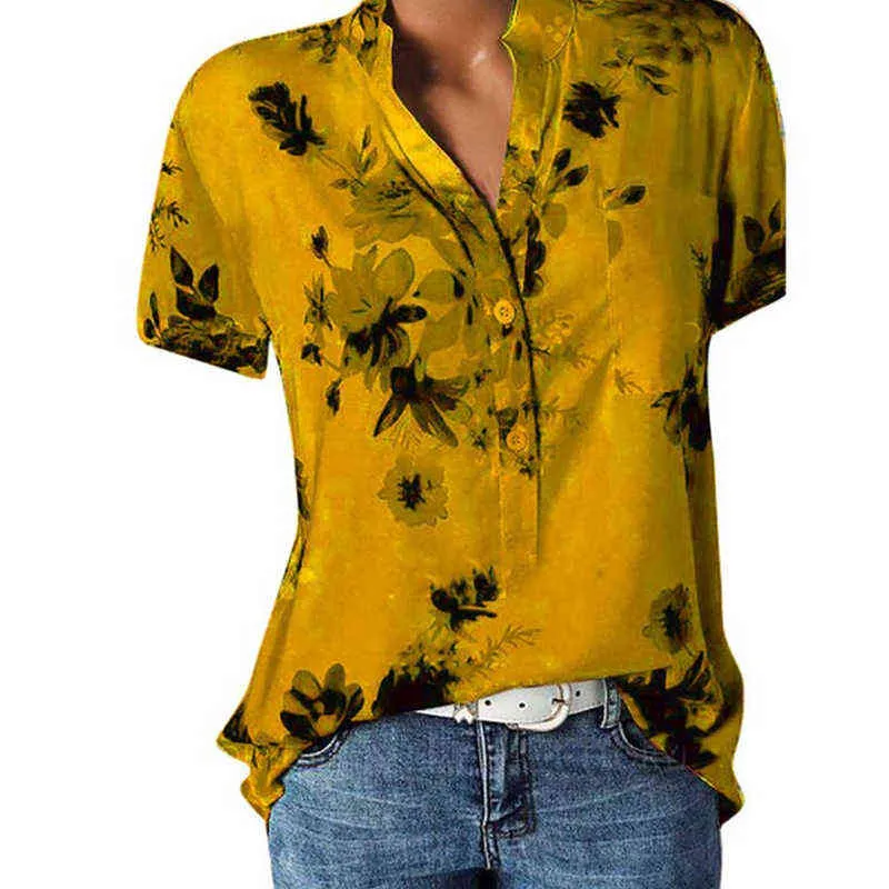 Elegant Kvinnors Skjorta Skriv ut Stora Casual Shirt Fashion V-Neck Kortärmad Shirt Blouse H1230