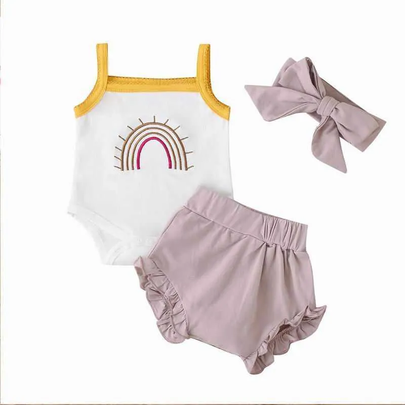 Toptan Bebek Kız 3 adet Set Pamuk Jartiyer Romper + Şort + Saç Hoop Sevimli Takım Elbise E7 210610