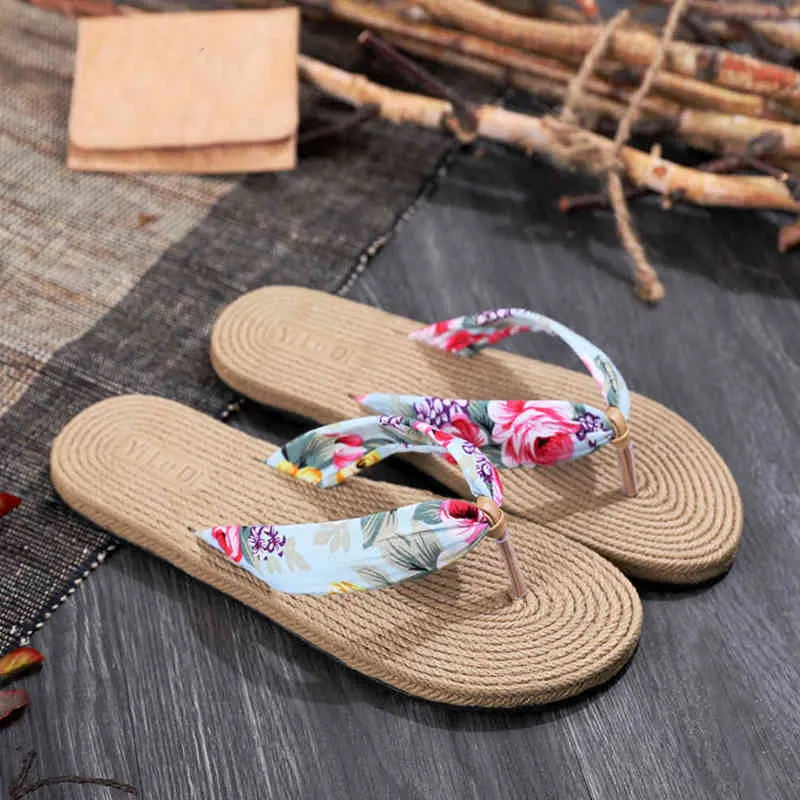 Zapatos de mujer Chanclas florales de verano Sandalias de playa Tangas Zapatillas Sandalias Imitación Cuerda de cáñamo Chanclas de viaje Fondo plano Y220221