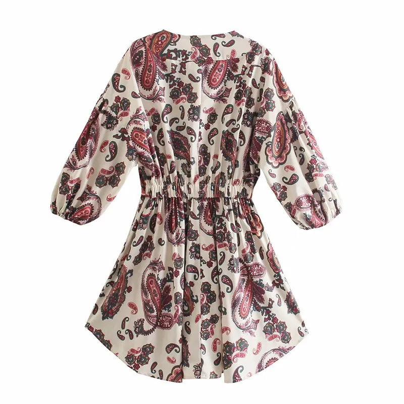 Woman Dress Paisley Print Short Dresses Women Fashion Elastic Waist Adjusable Tied Puff Sleeve Casual Mini Dres 210519