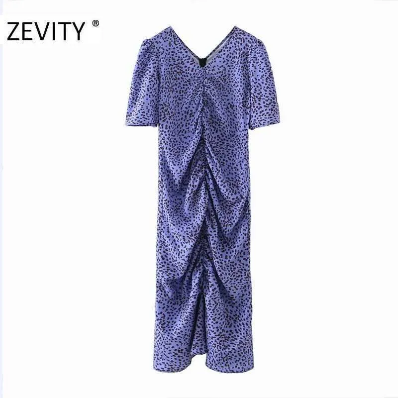 Zevity Women Vintage Vネックヒョウドットプリントプリーツスリムドレスレディースプリーツバックジッパーヴェスティッドカジュアル秋のドレスDS4454 210603