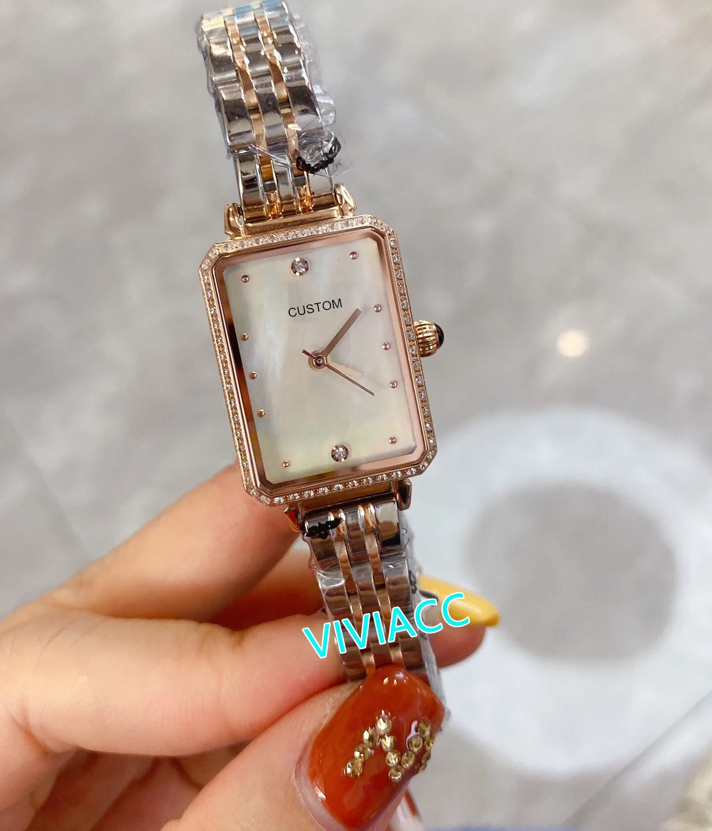 Nya Classic Women Starry Sky Klockor Casual Geometrisk Rektangulär Kvarts Klocka Rostfritt Stål Mor av Pearl Shell Watch 20mm