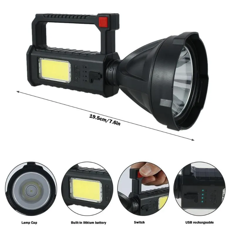 Otra iluminación LED Antorcha USB Recargable SearchLight Foco impermeable con luz de pesca básica Linterna de mano Flood237V