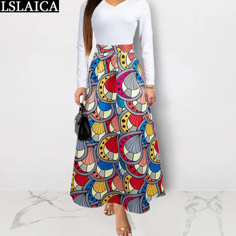 Mode Iriserende Lange Rok Hoge Taille Plus Size S-2XL Print Casual Elegant Wild Women S Beach Holiday Dames 210520