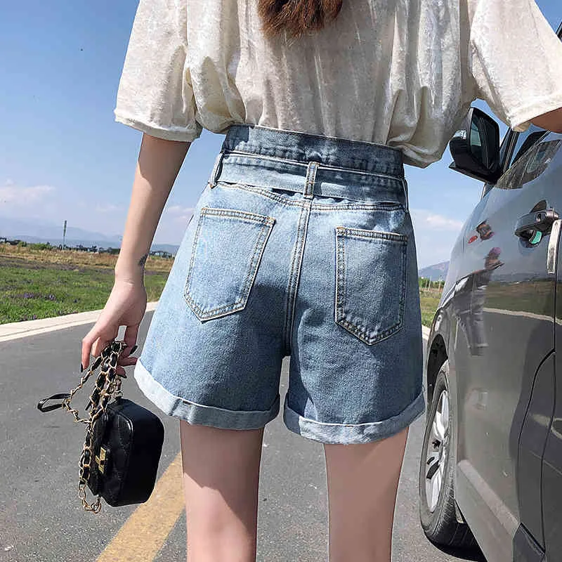 Повседневные летние дамы шорты джинсы для женщин Винтаж высокая талия синяя широкая нога женская джинсовая джинсовая ткань 9514 210506