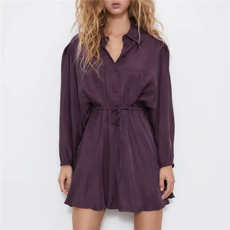 Causal femmes violet col rabattu robe mode dames lâche robes à cordon Streetwear femme Chic Mini Vestidos 210427