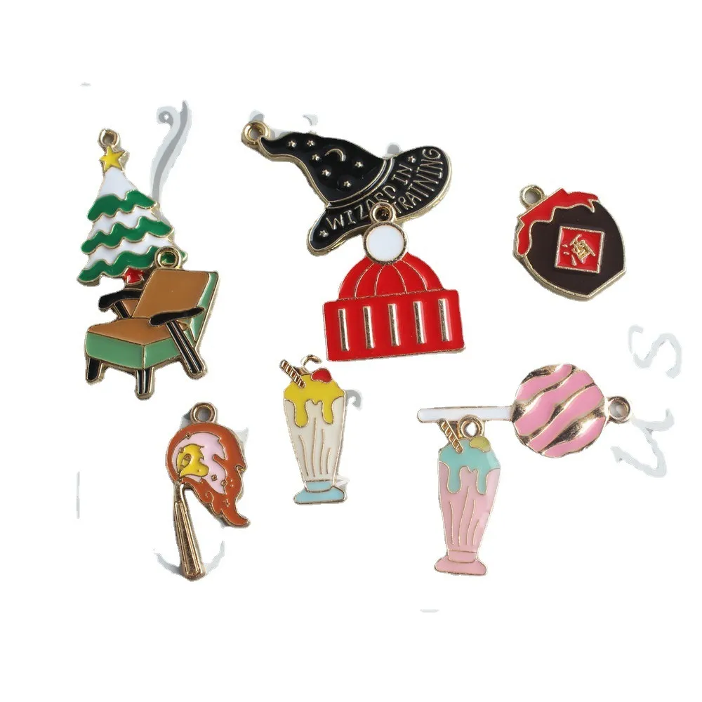 Kawaii Enamel Metal Necklace Pendants Cute Migic Hat Christmas Tree Chair Lollipop Wine Drink Bottle Matches Alloy Charms