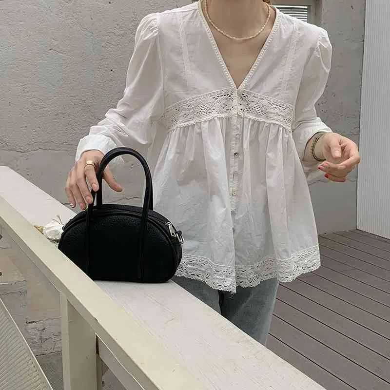 Ezgaga Dantel Patchwork Bluz Kadın V Yaka Uzun Kollu Yaz Kore Moda Gevşek Ince Beyaz Gömlek Tek göğüslü Zarif 210430