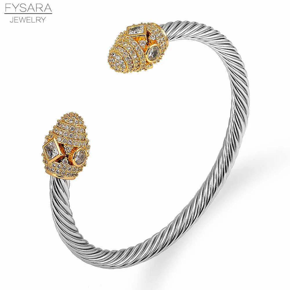 Pulseira de corda de arame empilhável de luxo FYSARA para casamento feminino com zircônia cúbica cristal CZ Dubai cor prata pulseira de festa 210609