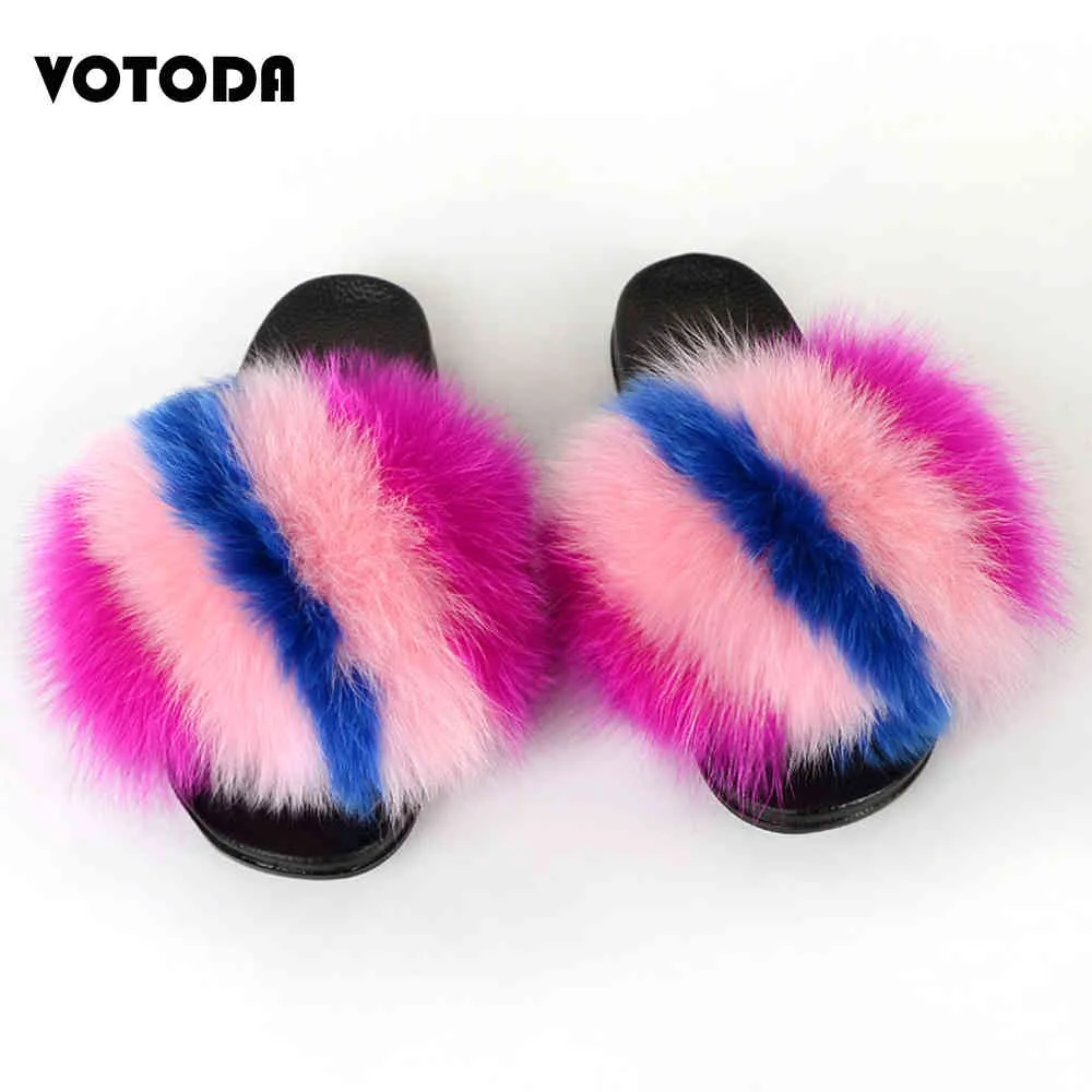 Femme Luxe Furry Pantoufles Diapositives De Fourrure Pour Femmes Fluffy Mignon Raccoon Sandales Véritable Fourrure De Renard Tongs Lady Intérieur Doux Chaussures Plates C0330