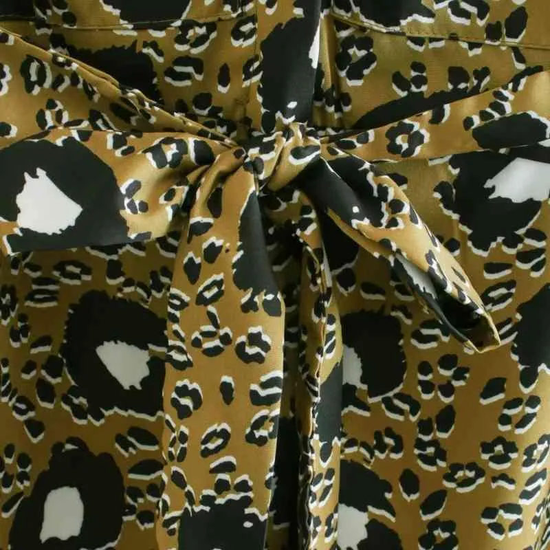Kobiety Leopard Drukuj Kołnierz Kołnierz Sashes Koszula Midi Sukienka Kobiet Z Długim Rękawem Ubrania Casual Los Loose Vestido D7157 210430