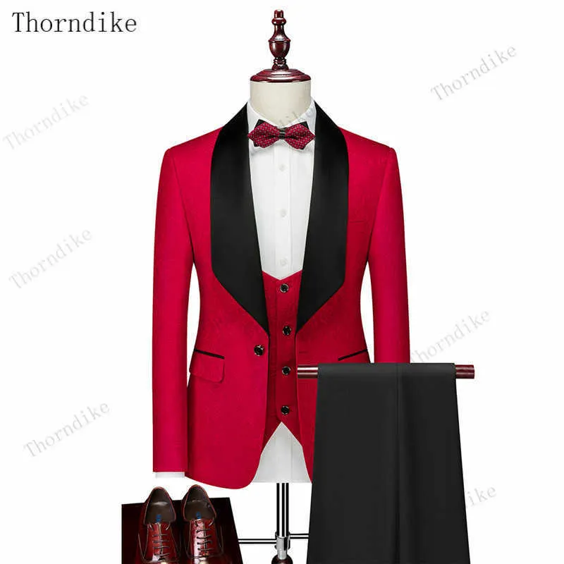 Thorndikeメンズのウェディングスーツ白いジャカードブラックサテンカラーTuxedo新郎Terno Suits for Menjacket +ベスト+パンツx0909