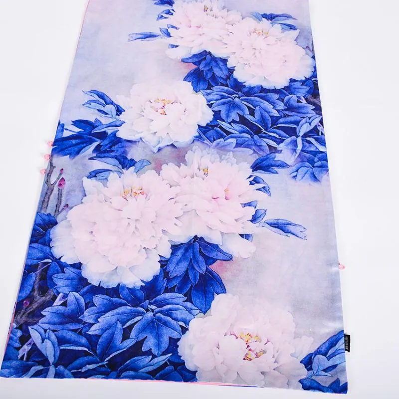 Écharpes BYSIFA Style chinois bleu rose pivoine soie châle écharpe femme élégante longue châles enveloppes automne hiver chaud épais 175 50cm269x