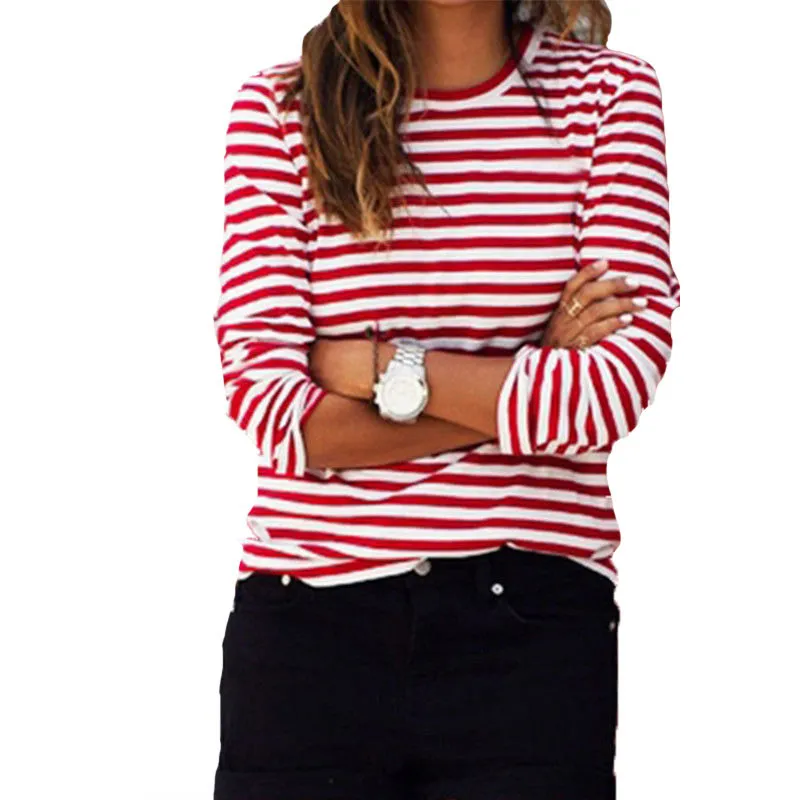 T-Shirt da donna Casual Rosso Bianco Stampa a righe Manica lunga Allentata Donna Basic O-Collo Top Fashion Ladies Streetwear 210522