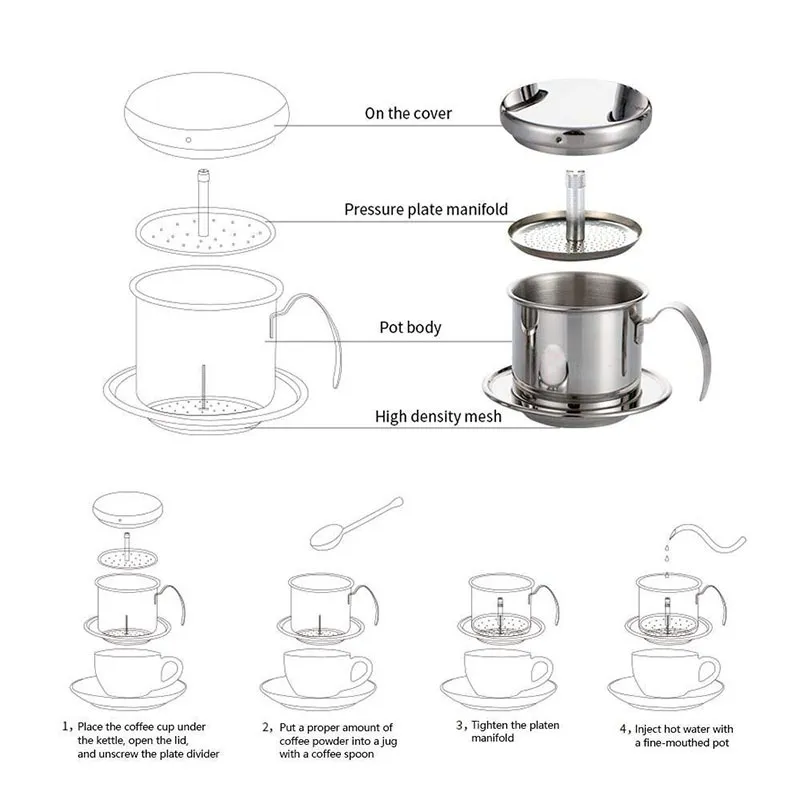 Rostfritt stål Vietnam Kaffe Dricker Filter Maker Portable Pour Over Filter Pot PerColator 210423
