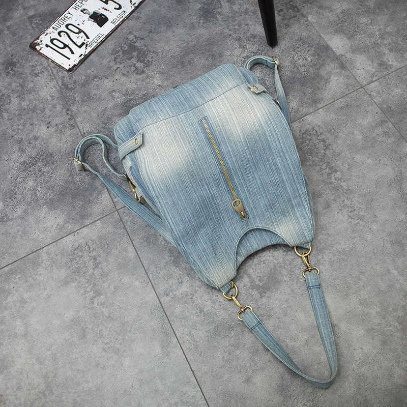 Tvättade denim kvinnor ryggsäck stora jean multifunktionell ryggsäck kvinnlig axelväska casual resväskor ryggsäck blå mochila bols 21347e