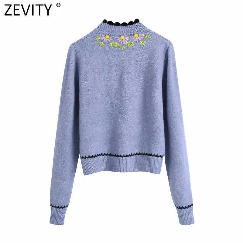 Zevity女性のファッションレースのかぎ針編みの花のアップリケカジュアルな編み物セーターフェムメシックな長袖刺繍プルオーバートップスS575 210603