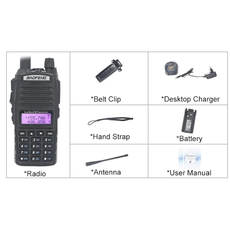 Baofeng 82 Walkie Talkie 10 km 8W -82ウォーキートーク双方向ハムラジオ局VHF UHFデュアルPTT強力5R UV 9R