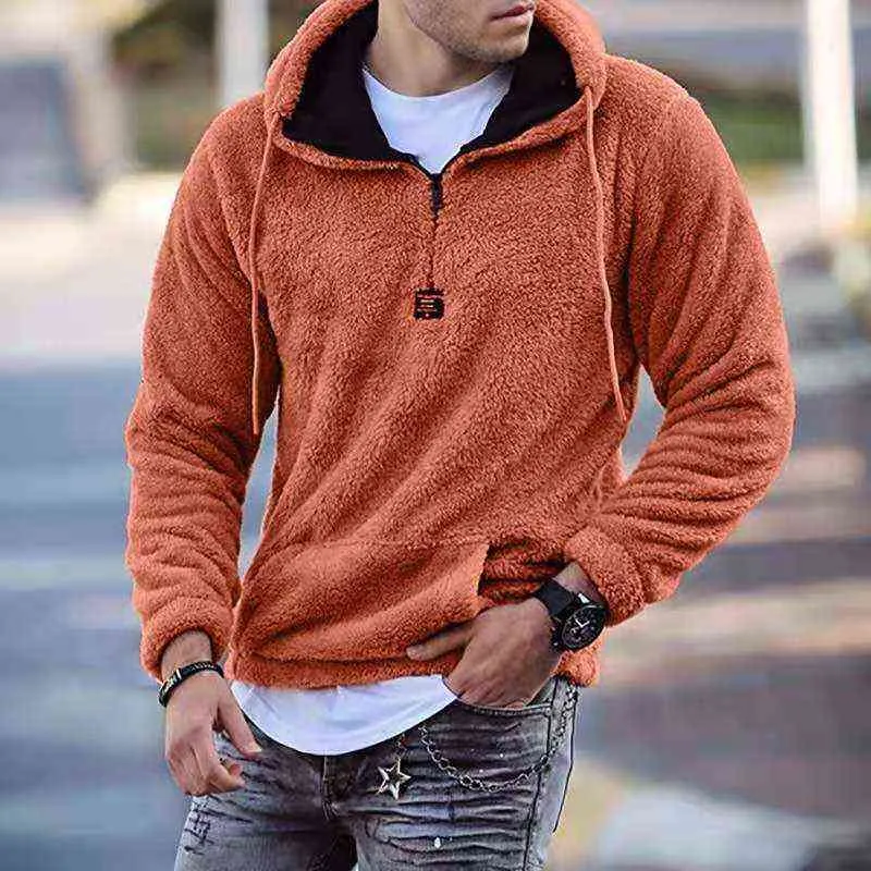 Automne Hiver Hommes Chaud Faux Polaire À Capuche Kangourou Poches Sweat Casual Zipper À Capuche Hommes Vêtements Solide Streetwear Tops 211217