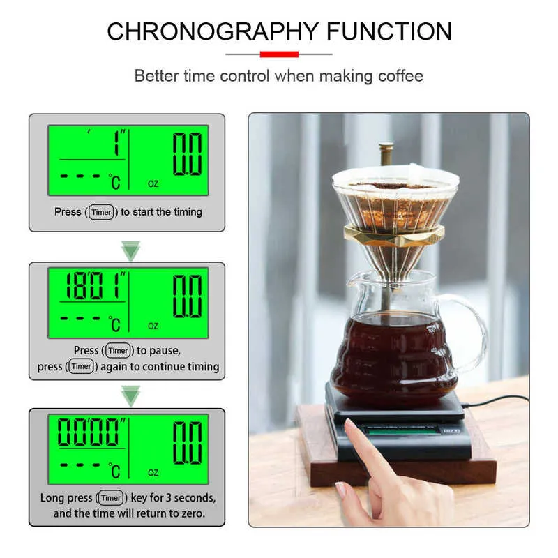 Multifunkcjonalna skala kawy z timerem Sonda temperatury Cyfrowa Skala kuchenna LCD Waga elektroniczna 1000g / 0,1g-2000g / 1g 210927