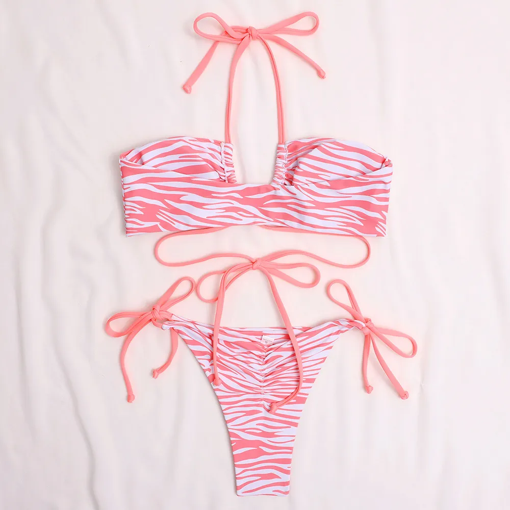 Sexy Micro Bikini Costume da bagno da donna Halter Costumi da bagno Donna Zebra Print Set Cross Bandage Costumi da bagno Summer Bather Pink 210520