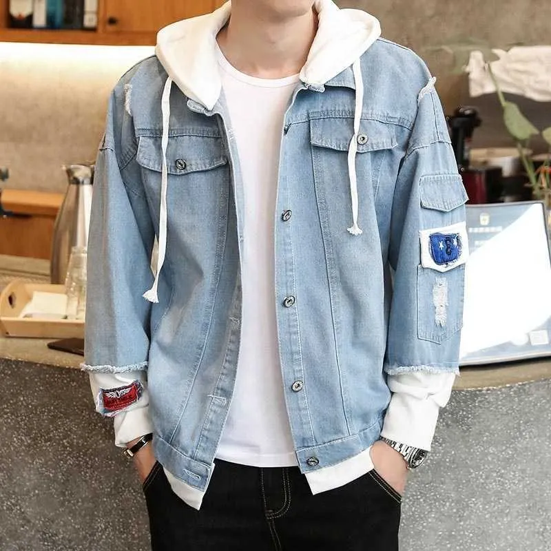 Automne Hommes Denim Veste De Mode Slim Fit Manteau Streetwear Hip Hop Hommes À Capuche Jean Vestes Mâle Casual Lâche Survêtement 210927