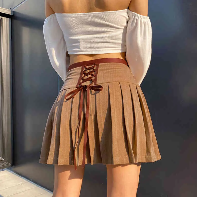 Koreanska modepläterade kjolar för kvinnor Preppy Style Tie Up Bandage High Waist Casual 90s Mini Skirt Spring Streetwear 210517