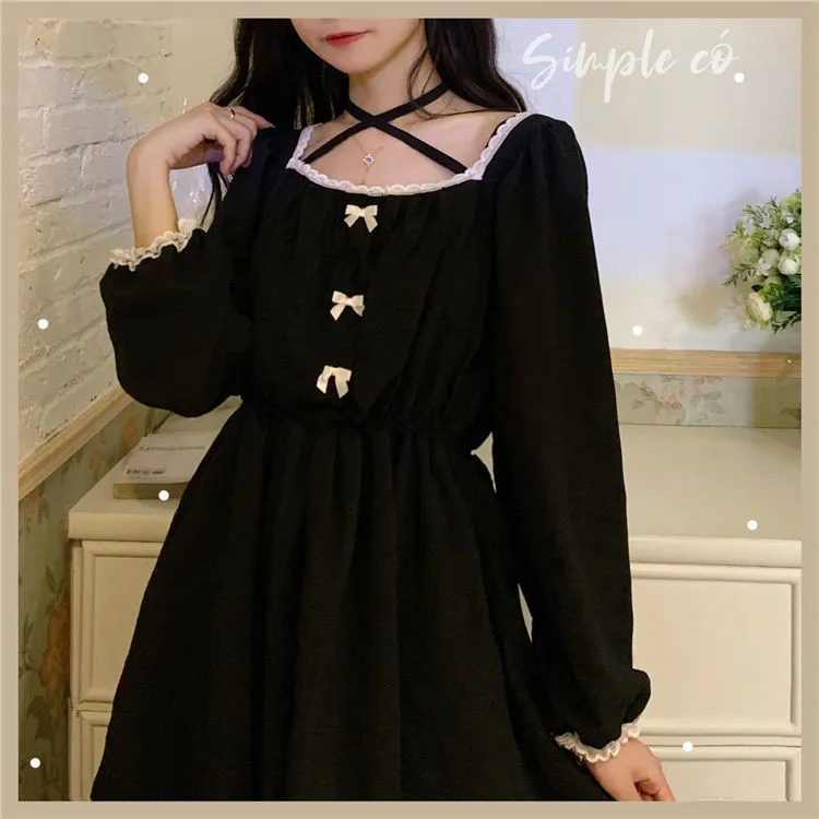 Japonais Lolita Gothique Robe Femmes Noir Mignon Vintage Kawaii Casual Mince Femme Automne Robe Vestidos 210519