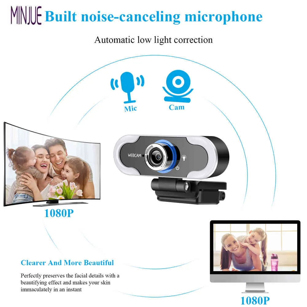 HD 1080p Cam Microphone PC Drive-free USB-webbkamera Datorkamera med LED-ringfyllningsljus Live Video
