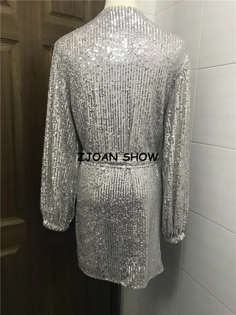 Silver Sequins Wrap Dress Lacing Up Waist Split Slim Fit Kvinnor Långärmad Te Tea Dresses Bow Tide Vestido Party 210429