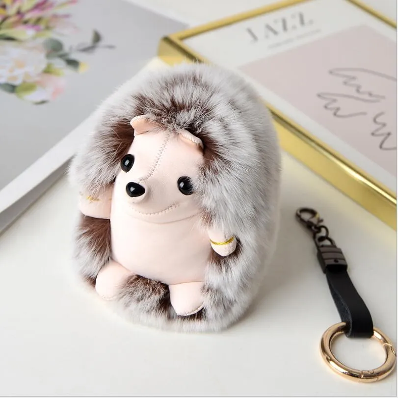 Plush Hedgehog Keychain Ring Pendant Animal Car Real Rex Rabbit Fur Gifts For Women Grils Toys