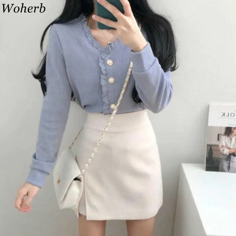 Woherb coréen Chic dentelle Patchwork Blouse femme Blusas Mujer De Moda col en v volants mode tempérament chemise hauts 4G554 210721