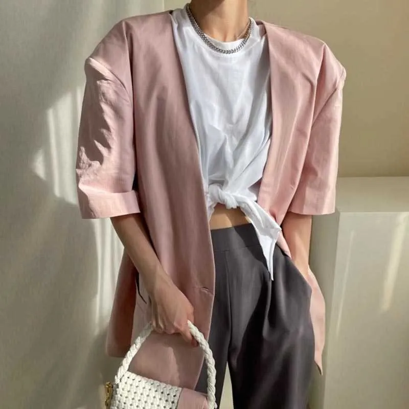 Korejpaa Femmes Veste D'été Coréen Chic Tempérament Minimaliste Col En V Un Bouton À Manches Courtes À Lacets Couleur Unie Blazers 210526