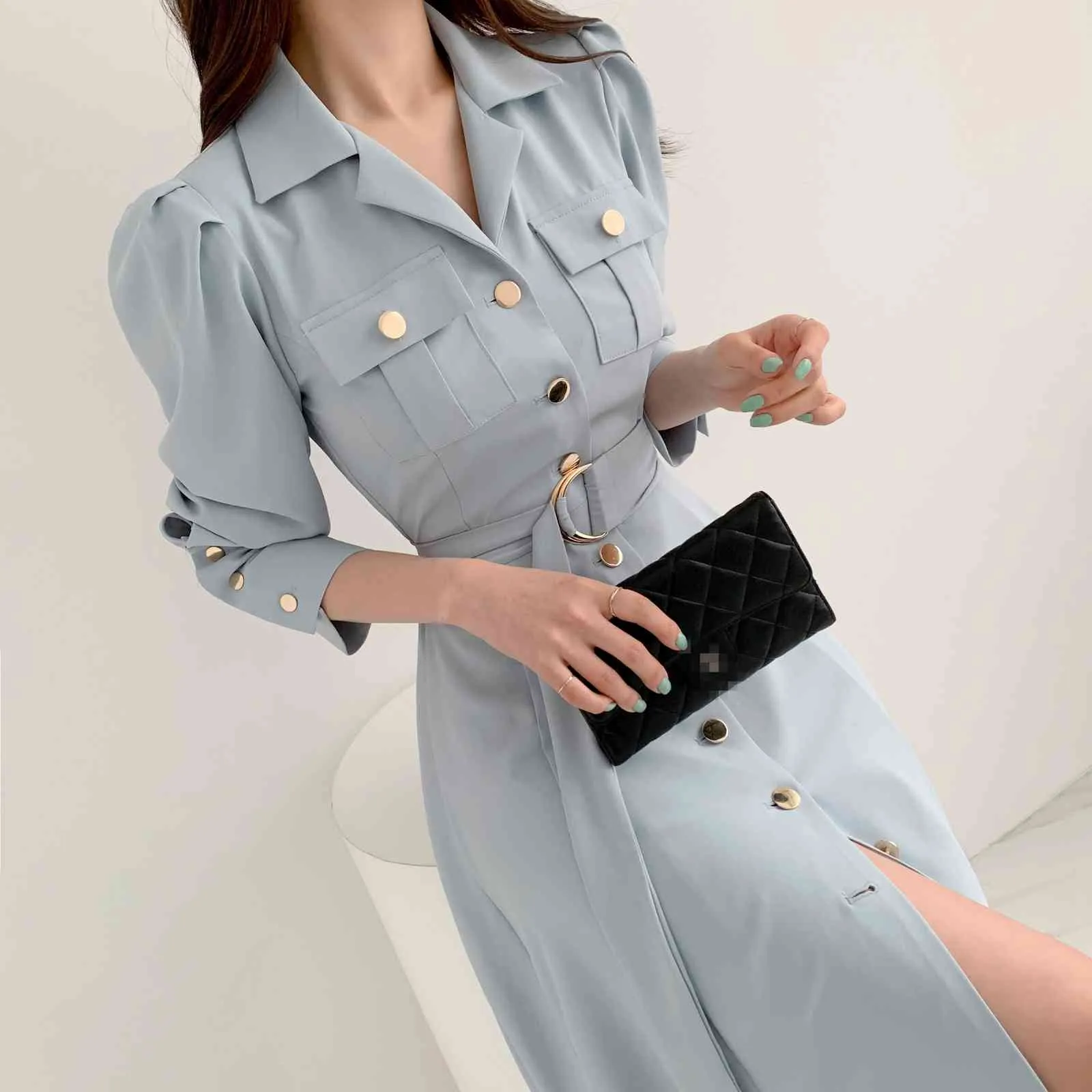Elegant Single-Breasted Lapel Women Midi Dress Fashion Long Sleeve Belted Slim Waist Female Dress Workwear Vestidos 210518