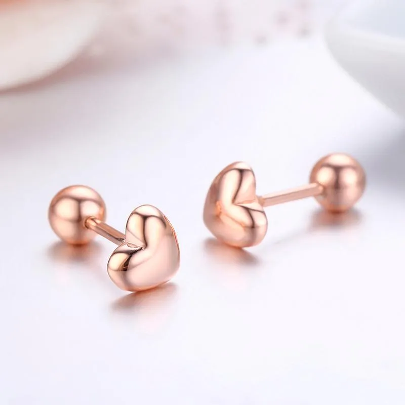 Cute 925 Sterling Silver Rose Gold Color Peach Love Heart Screw Back Stud Earrings For Women Girls Toddlers Kids Jewelry Aretes2929