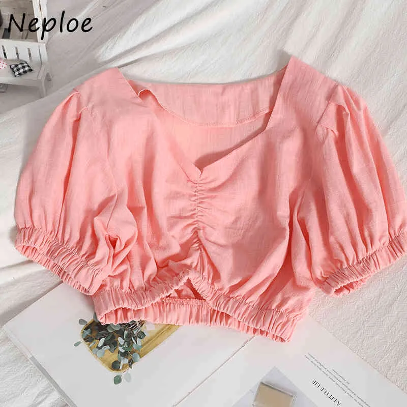 Neploe Mulicolor Slim Women Set V Neck Drawstring Short Sleeve Shirt + High Waist Hip Wide Leg Pants Suit Summer Ol Cloth 210423