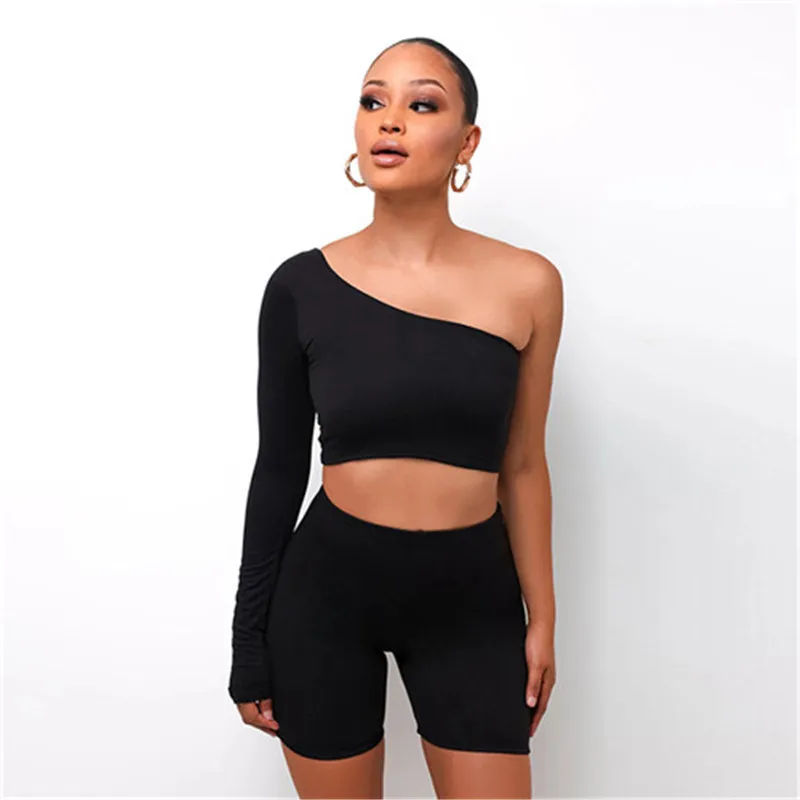 CNYISHE Eine Schulter Casual Matching Sets Frauen Trainingsanzug Langarm Sportliche Anzüge Crop Top + Biker Shorts Zwei Stück Lounge set 210419