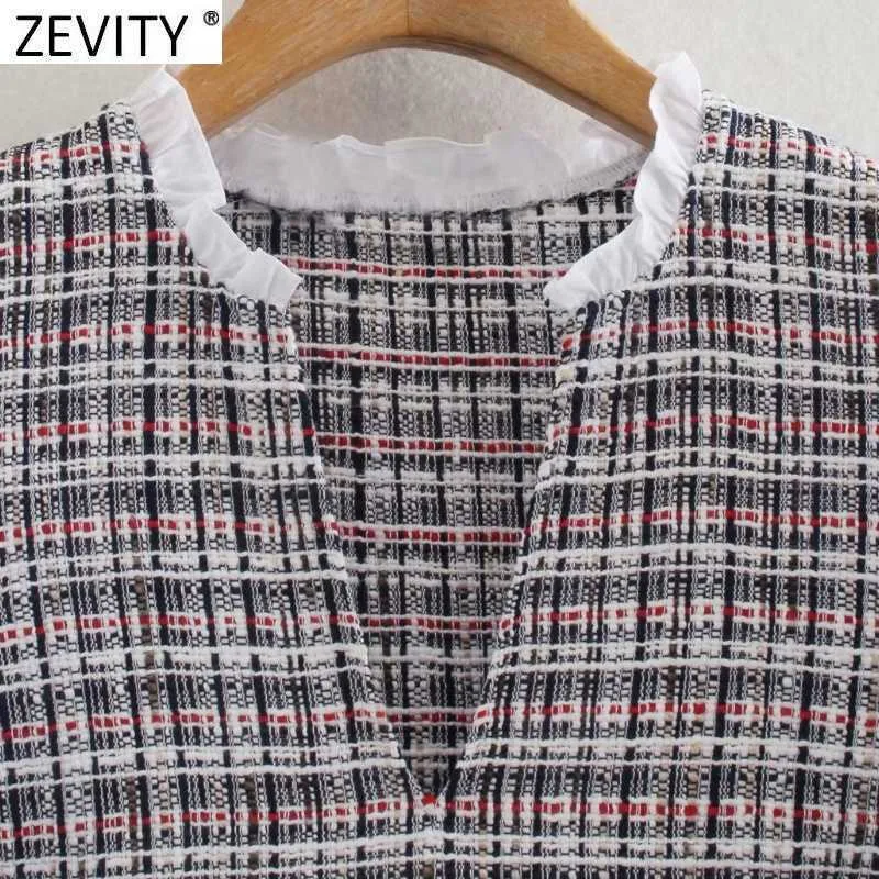 Zevity mujeres vintage puff manga patchwork tweed lana recto mini vestido femenino chic borla bolsillo parche retro vestido DS8134 210603