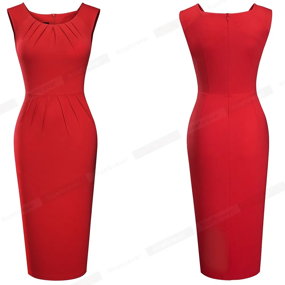 Nice-forever zomer vrouwen mode effen kleur mouwloze jurken formele zakelijke partij slanke bodycon vintage jurk B626 210419